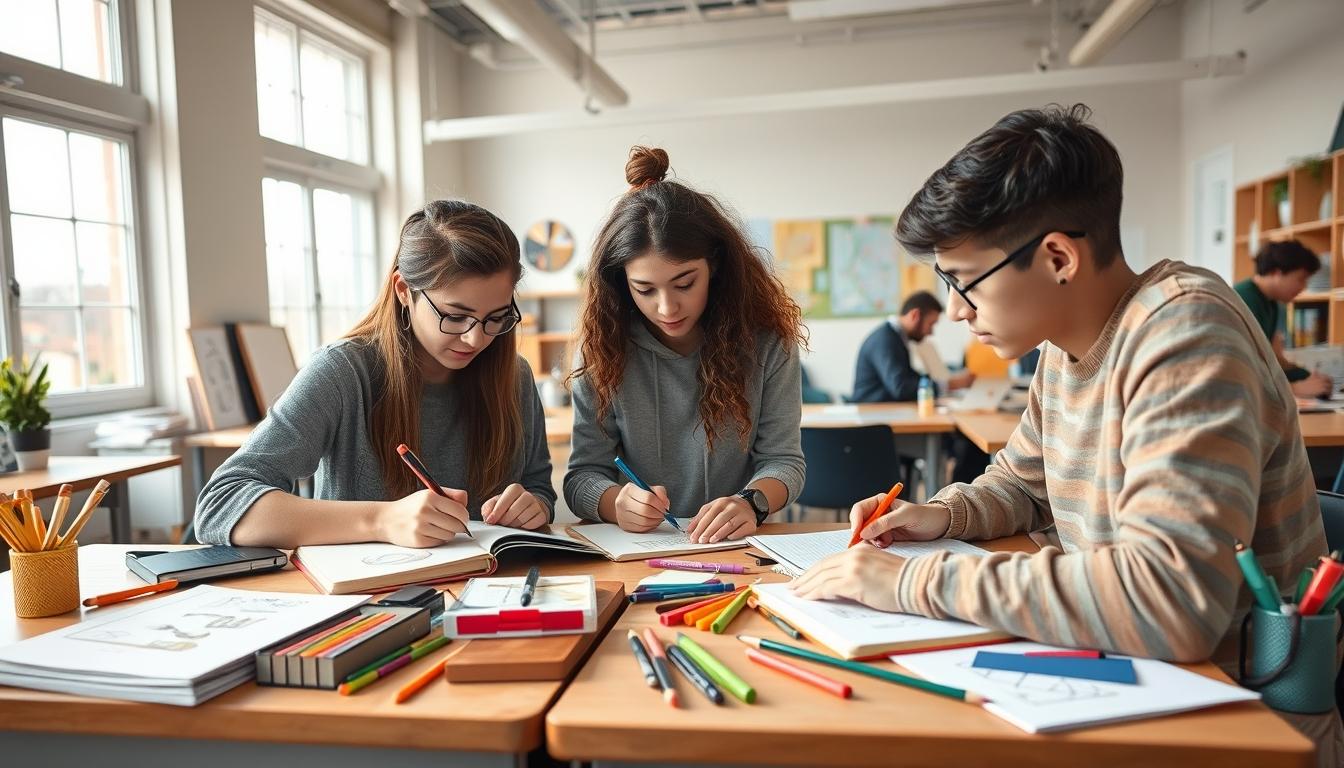 Students studying together in modern classroom